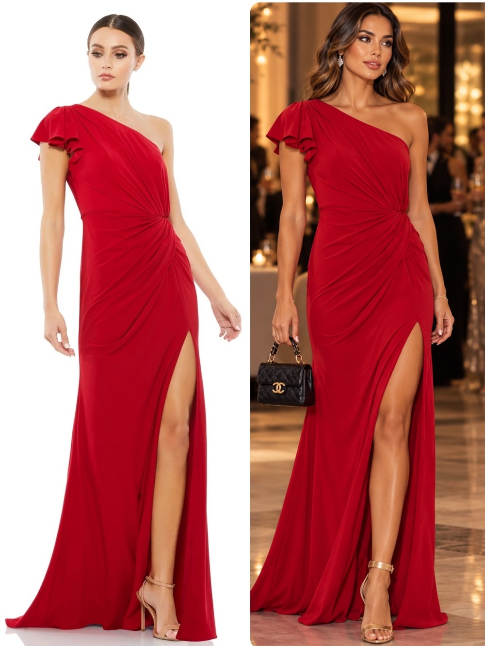 Mac Duggal Red One-Shoulder Ruched Side-Slit Maxi Gown Dress 67858 NWT $348